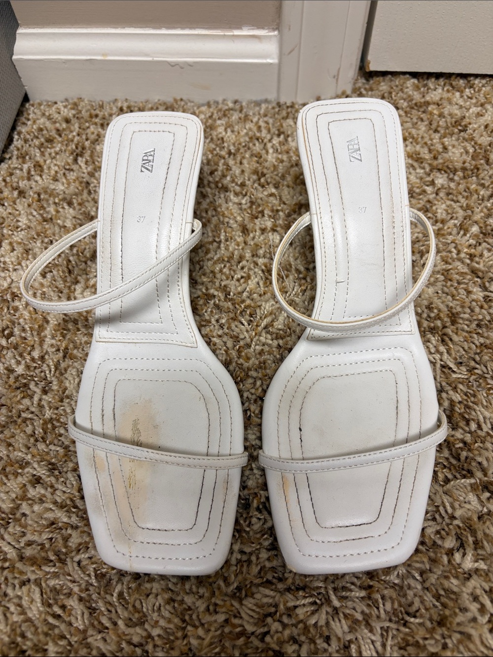 Zara White Double-Strap Square-Toe Heeled Sandals